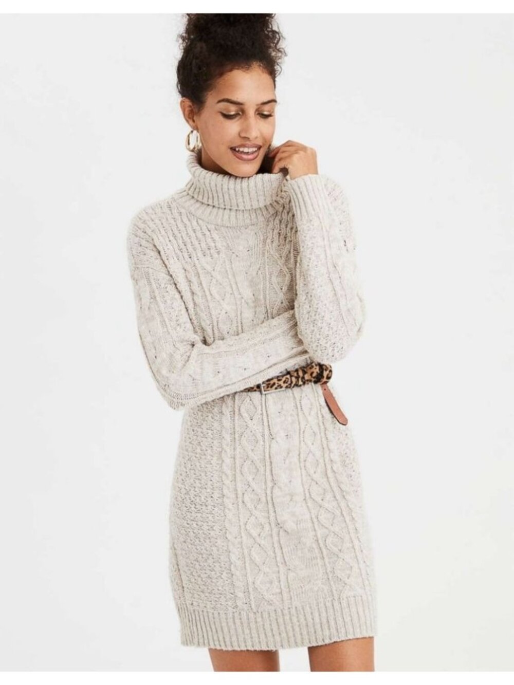 American Eagle Turtleneck Sweater Dress Size XS Beige Cable Knit Long Sleeves